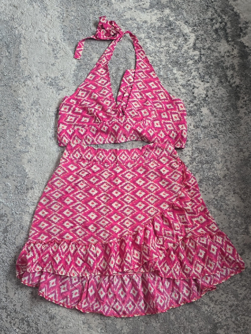 India Boutique Pink Geo Print Crop Top and Skirt Set